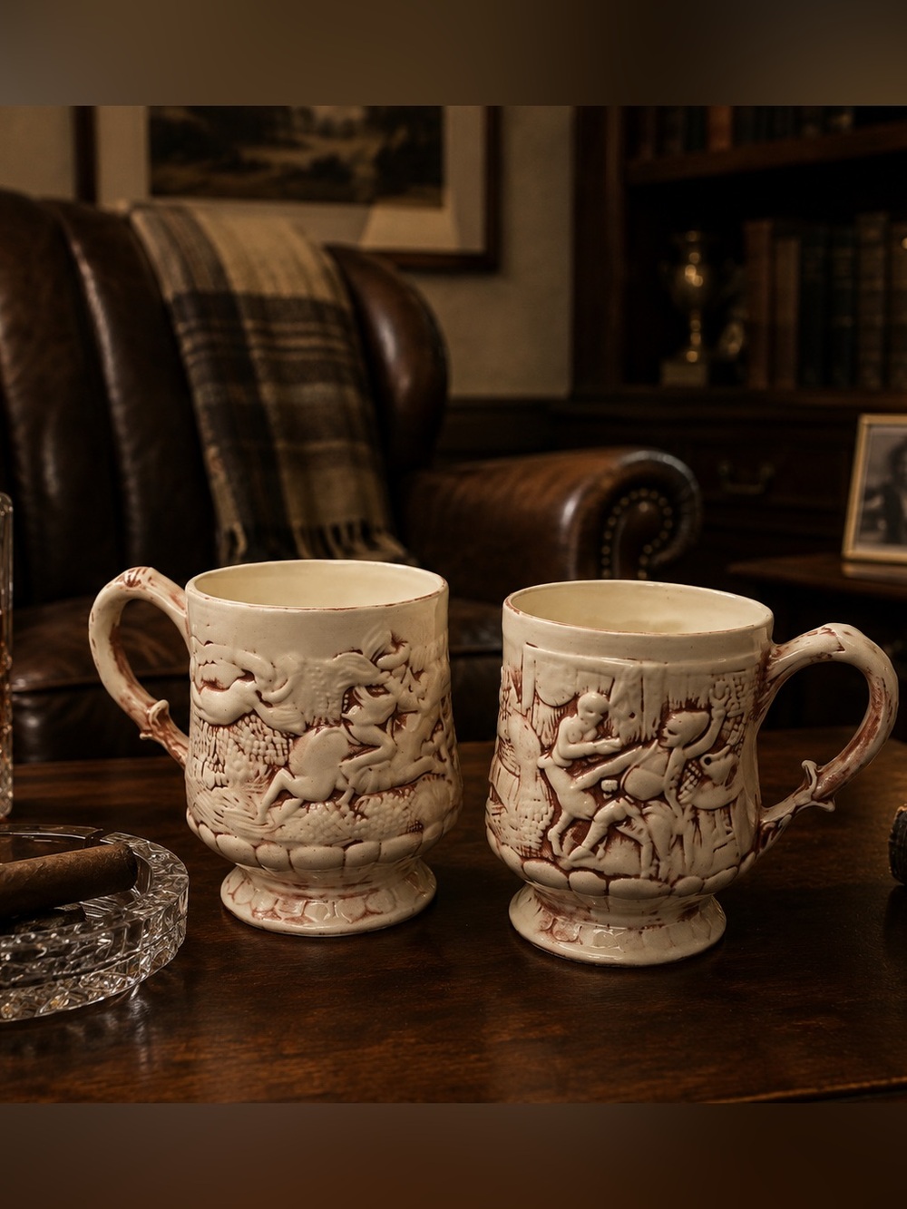 Unique Vintage Horse Equestrian Pottery Embossed Mug Cup Signed FP Lot Of 2